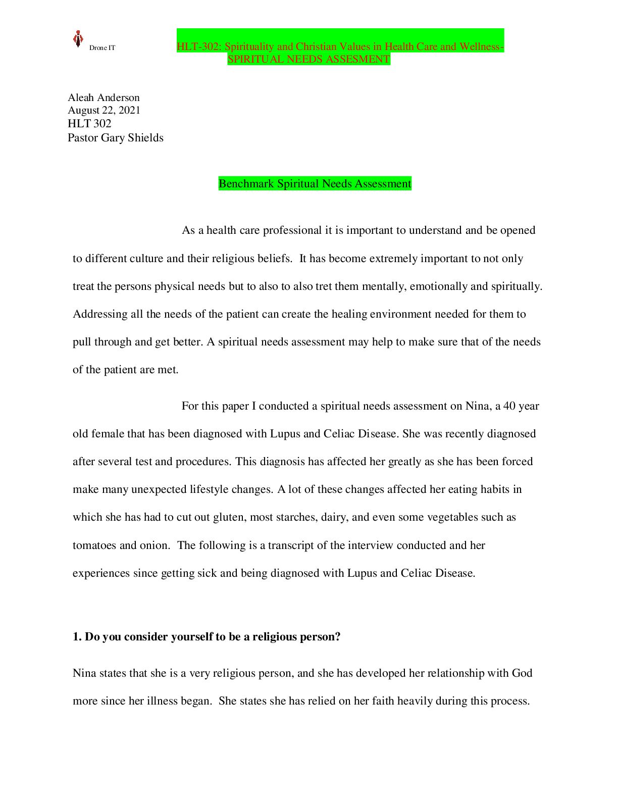 Preview image for HLT-302 Spirituality and Christian Values in Health Care and Wellness-wk 1 Assignment Benchmark Spiritual Needs Assessment